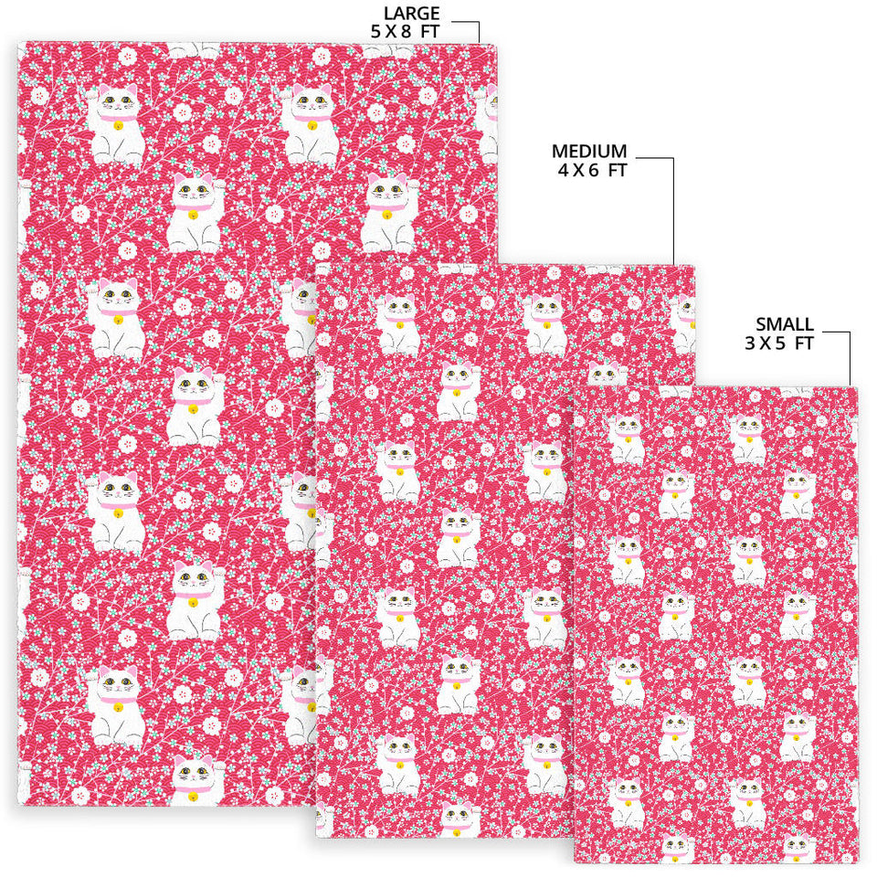 Maneki Neko Lucky Cat Sakura Pink Background Area Rug