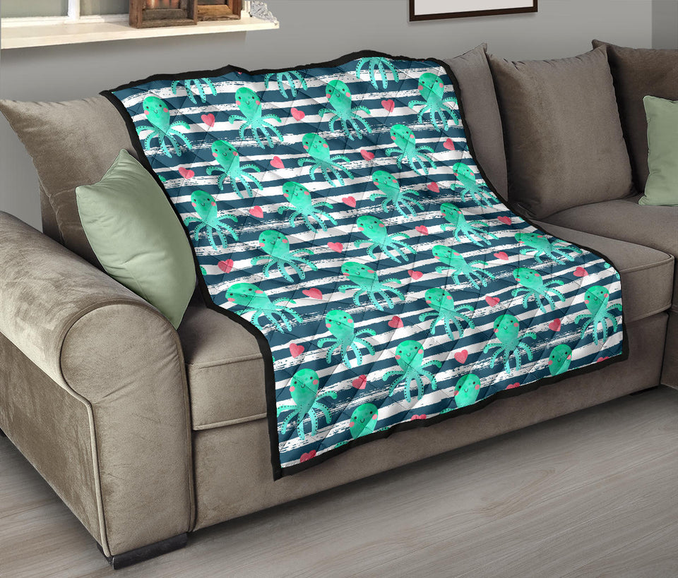 Cute Octopuses Heart Striped Background Premium Quilt