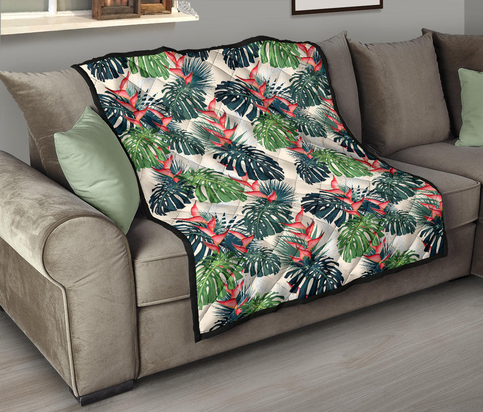 Heliconia Flowers, Palm And Monstera Leaves Premium Quilt