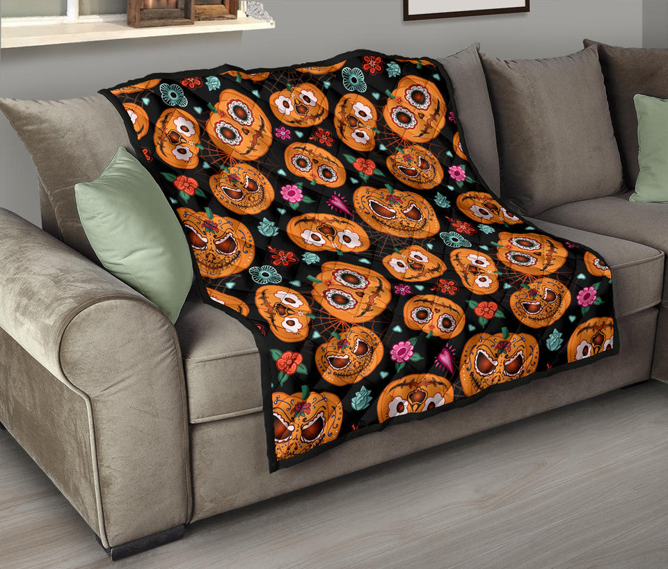 Pumpkin Flowers Spiderweb Halloween Theme Premium Quilt
