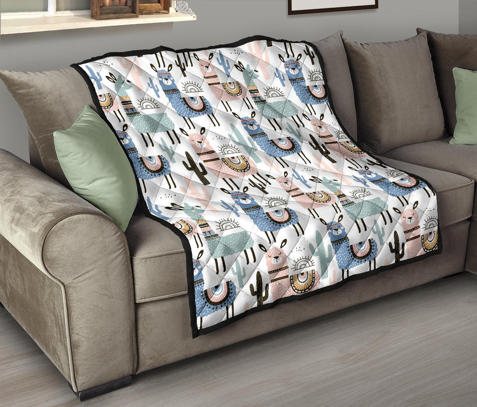 Lama Alpaca Cactus Hand Drawn Pattern Premium Quilt