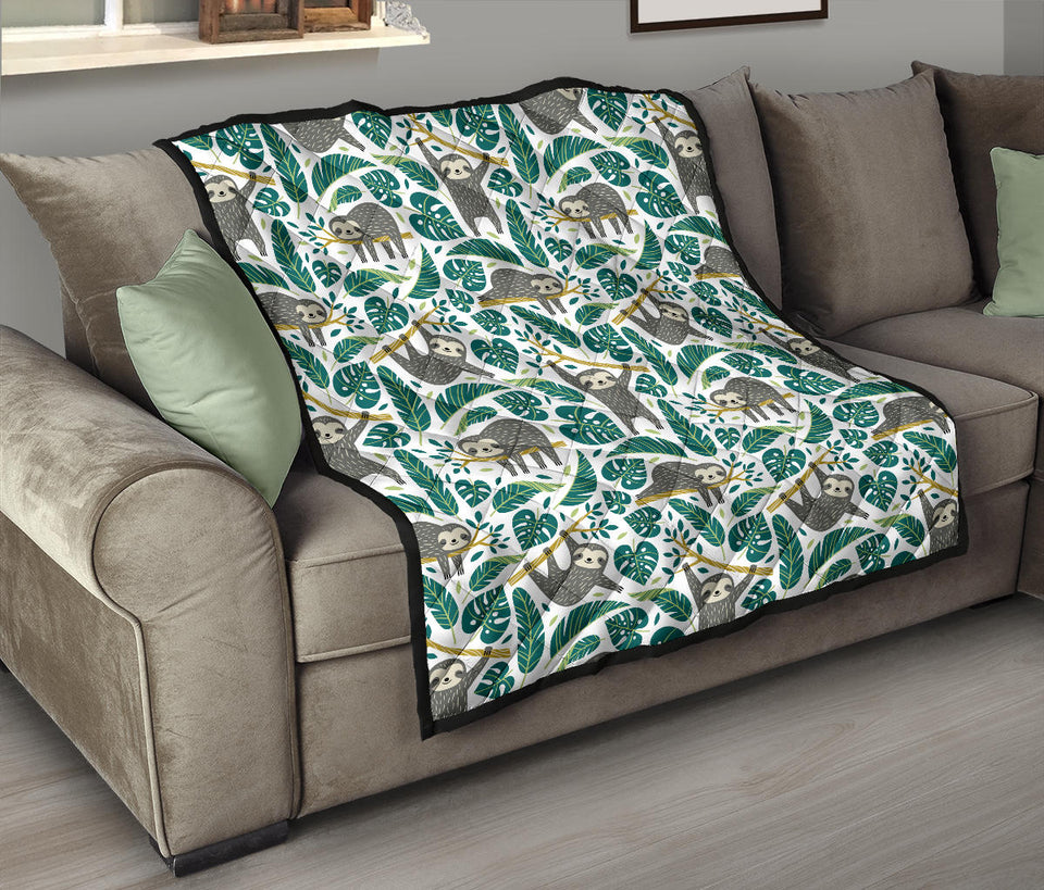 Cute Sloths Tropical Palm Leaves White Background Premium Quilt