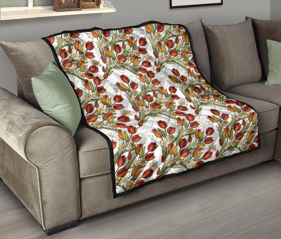 Red Tulips And Daffodils Pattern Premium Quilt