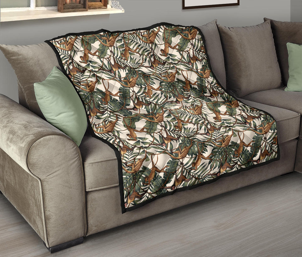 Monkey Tropical Leaves Background Premium Quilt