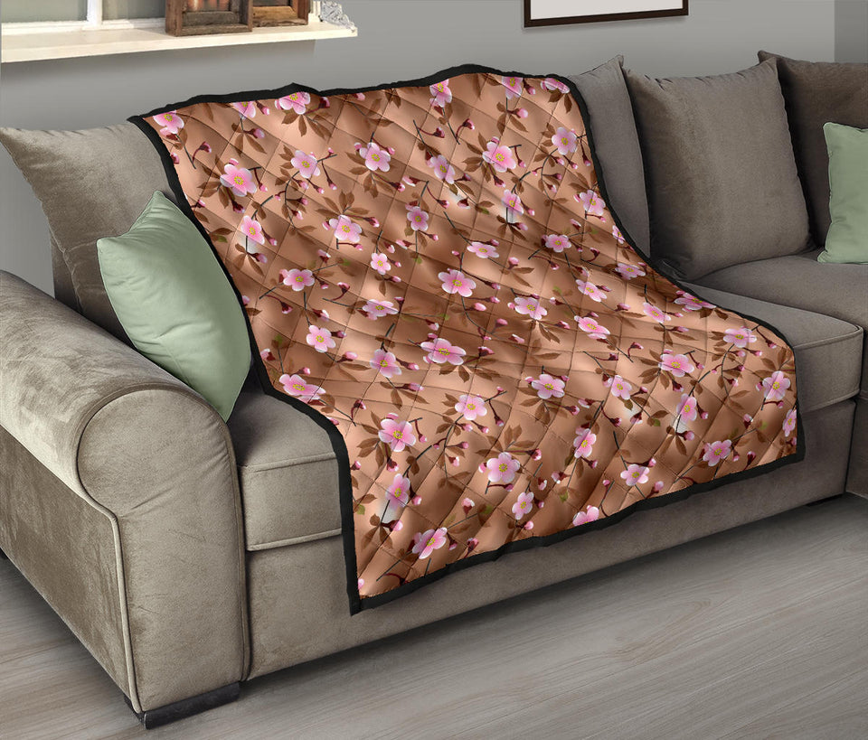 Pink Sakura Cherry Blossom Drak Brown Background Premium Quilt