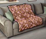 Pink Sakura Cherry Blossom Drak Brown Background Premium Quilt