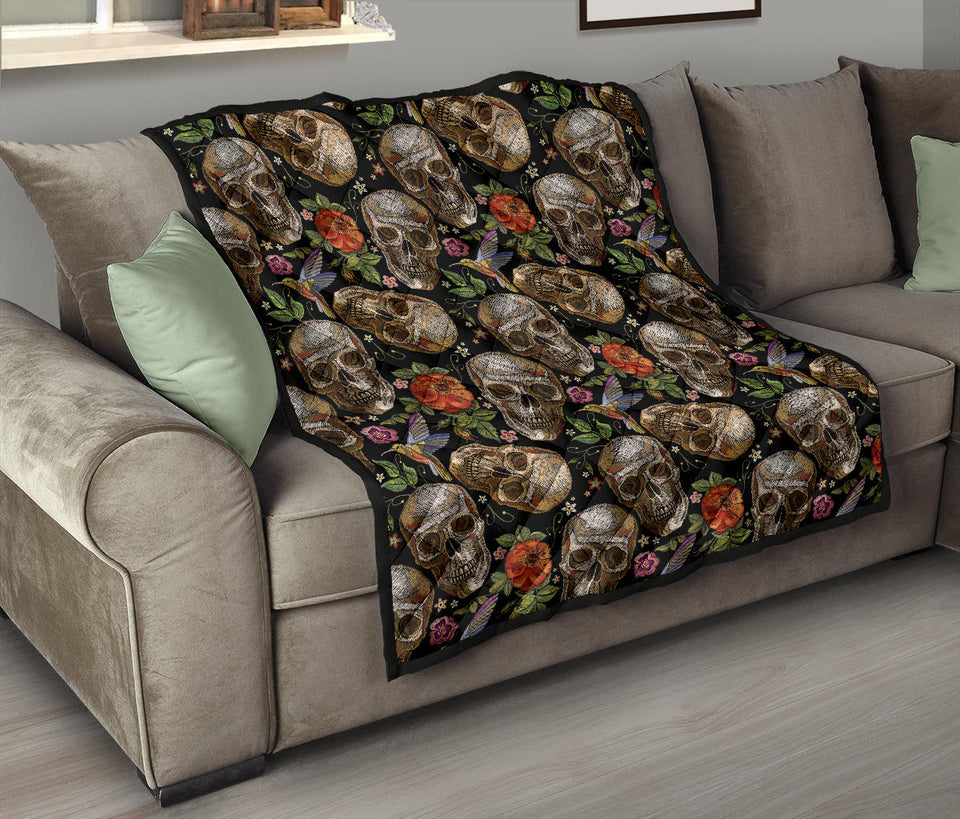 Skull Rose Humming Bird Flower Pattern Premium Quilt.