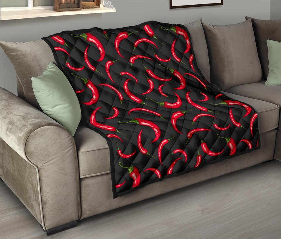 Chili Peppers Pattern Black Background Premium Quilt