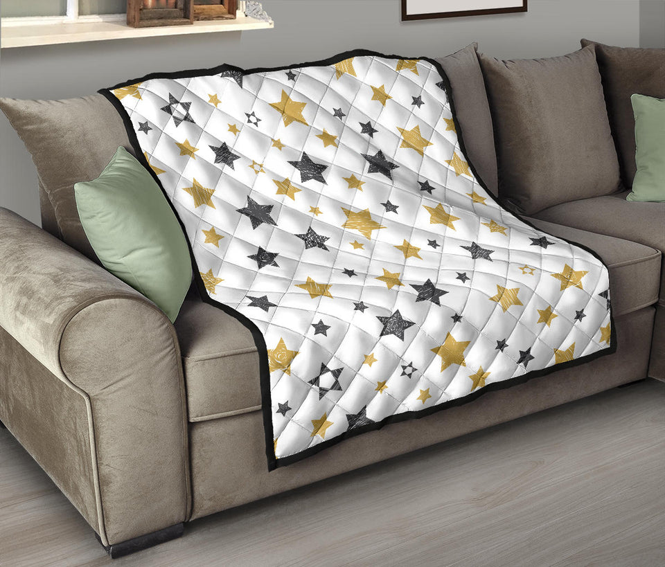Hand Drawn Gold Black Star Pattern Premium Quilt.