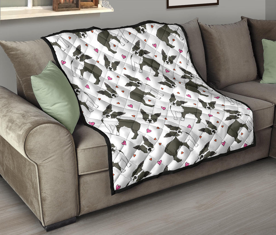 Boston Terrier Dog Hearts Vector Pattern Premium Quilt