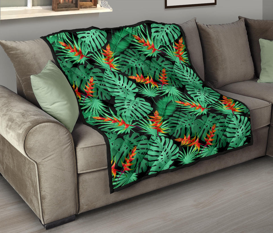Heliconia Flower Palm Monstera Leaves Black Background Premium Quilt
