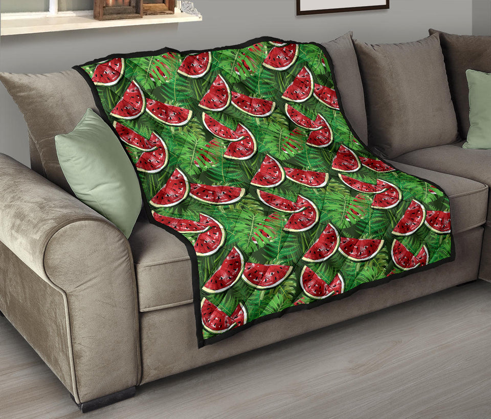 Watermelons Tropical Palm Leaves Pattern Background Premium Quilt