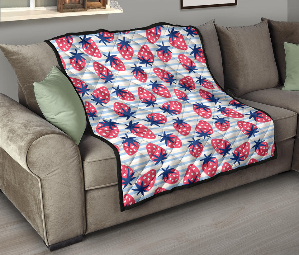 Strawberry Pattern Blue Lines Background Premium Quilt