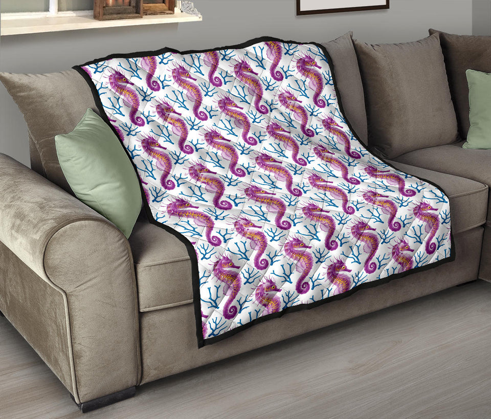 Purple Seahorse Blue Coral Pattern Premium Quilt