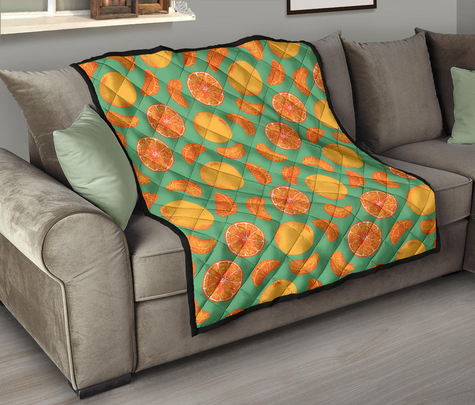 Orange Fruit Pattern Green Background Premium Quilt