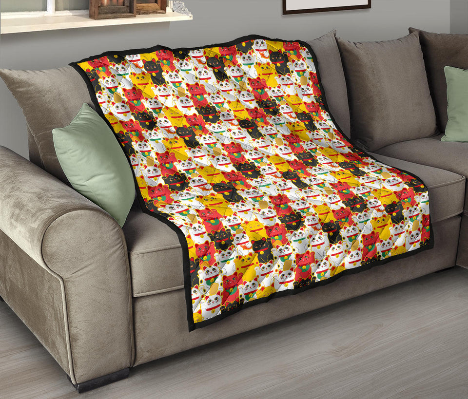 Colorful Maneki Neko Lucky Cat Pattern Premium Quilt