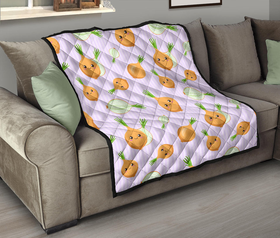 Cute Onions Smiling Faces Purple Background Premium Quilt
