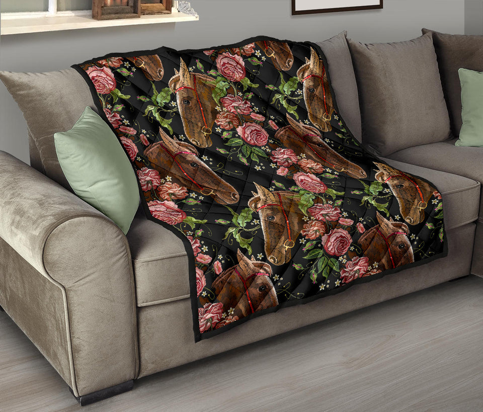 Horse Head Wild Roses Pattern Premium Quilt