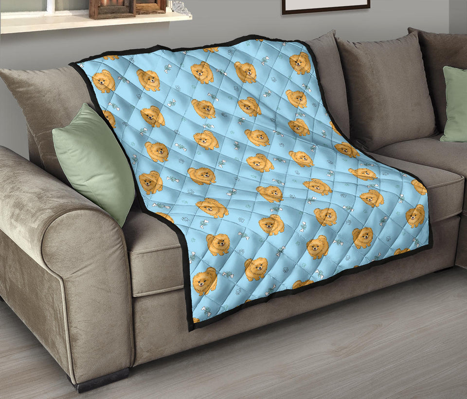 Brown Cute Pomeranian Blue Blackground Premium Quilt