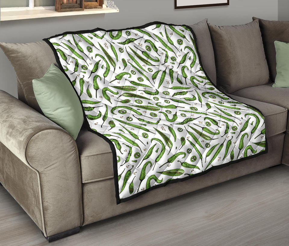 Hand Drawn Sketch Style Green Chili Peppers Pattern Premium Quilt