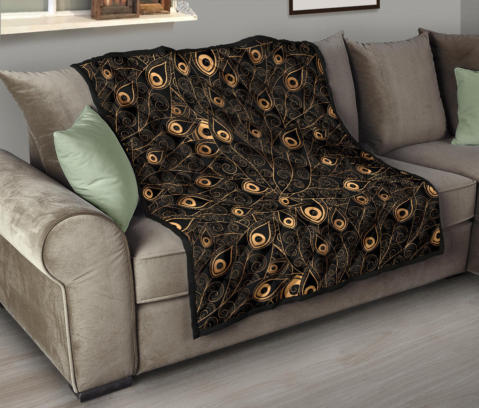Gold Peacock Feather Pattern Premium Quilt