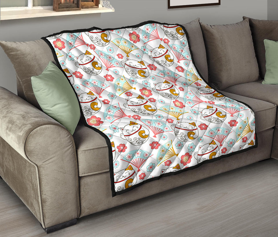 Maneki Neko Lucky Cat Fan Sakura Premium Quilt
