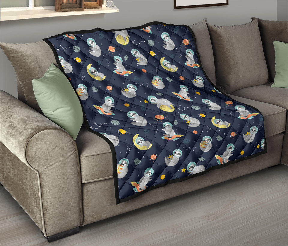 Cute Sloth Astronaut Star Planet Rocket Pattern Premium Quilt