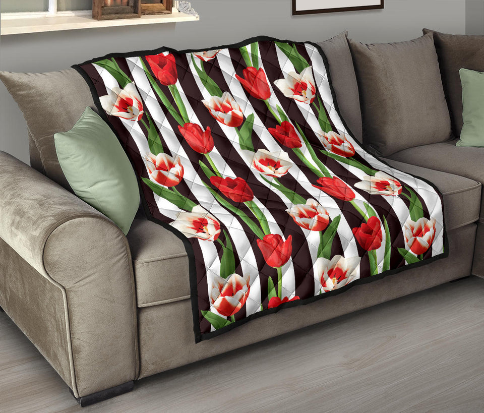 Red And White Tulips Pattern Premium Quilt