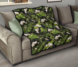 White Orchid Flower Tropical Leaves Pattern Blackground Premium Quilt
