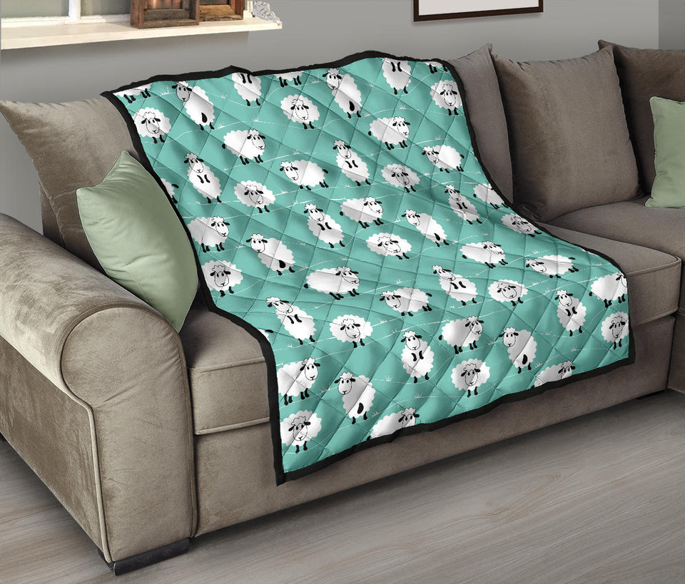 Cute Sheep Green Background Premium Quilt