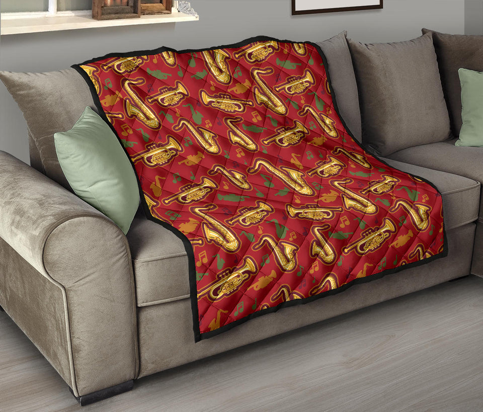 Saxophone Cornet Pattern Red Background Premium Quilt