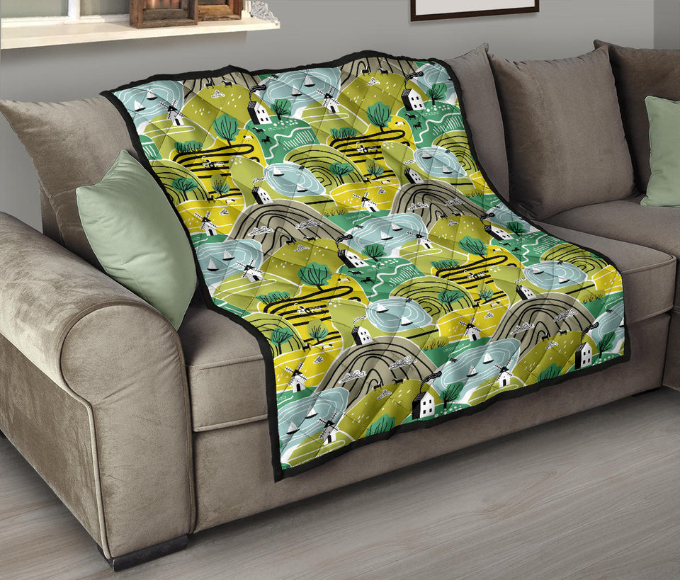 Hand Drawn Windmill Pattern Premium Quilt