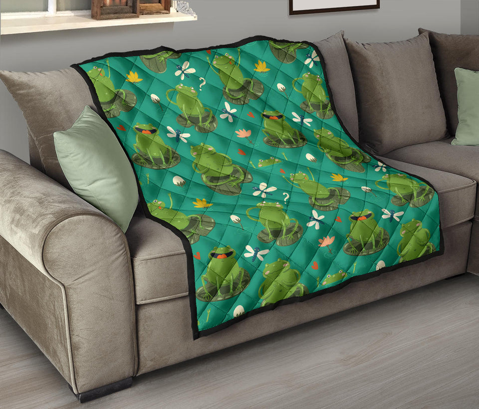 Cute Frog Dragonfly Design Pattern Premium Quilt