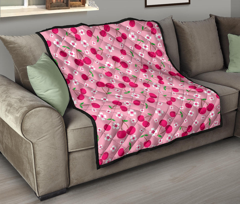 Cherry Flower Pattern Pink Background Premium Quilt