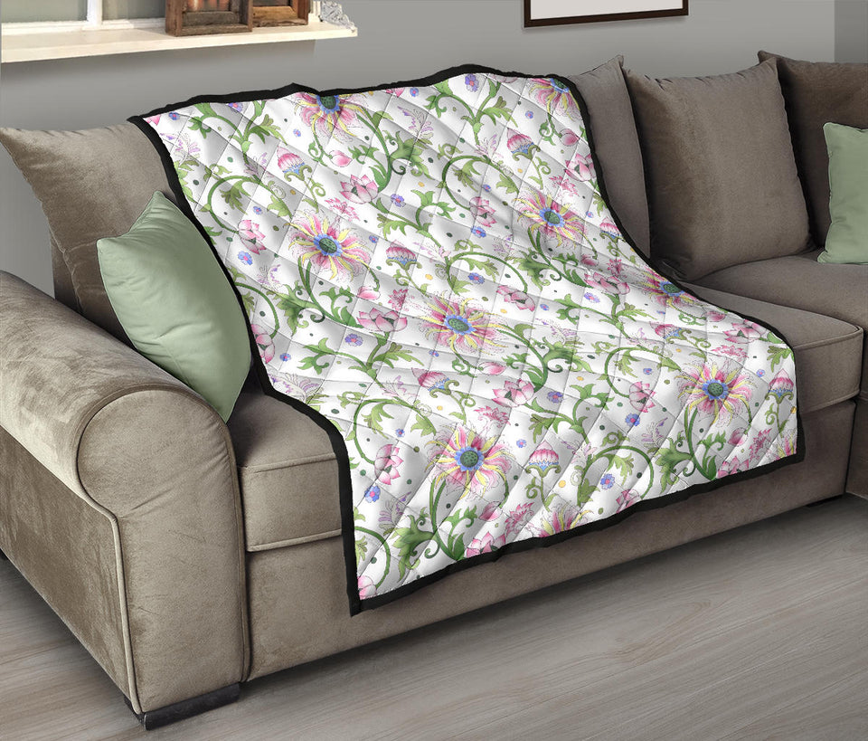 Beautiful Pink Lotus Waterlily Leaves Pattern Premium Quilt