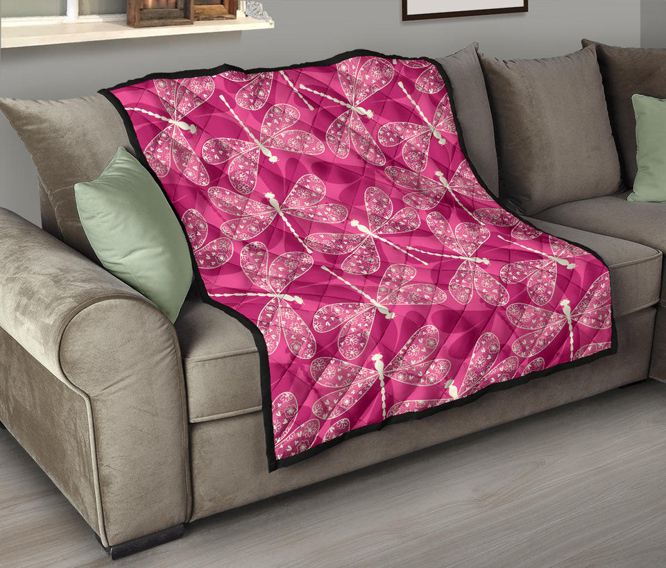 Beautiful Dragonfly Pink Background Premium Quilt
