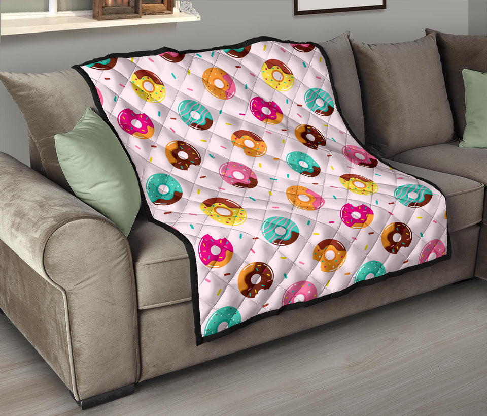 Donut Pattern Glaze Pink Background Premium Quilt