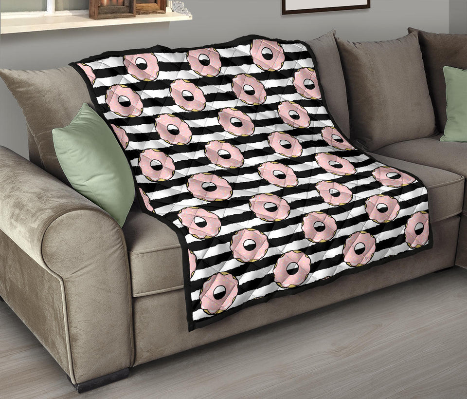 Donuts Pink Icing Striped Pattern Premium Quilt