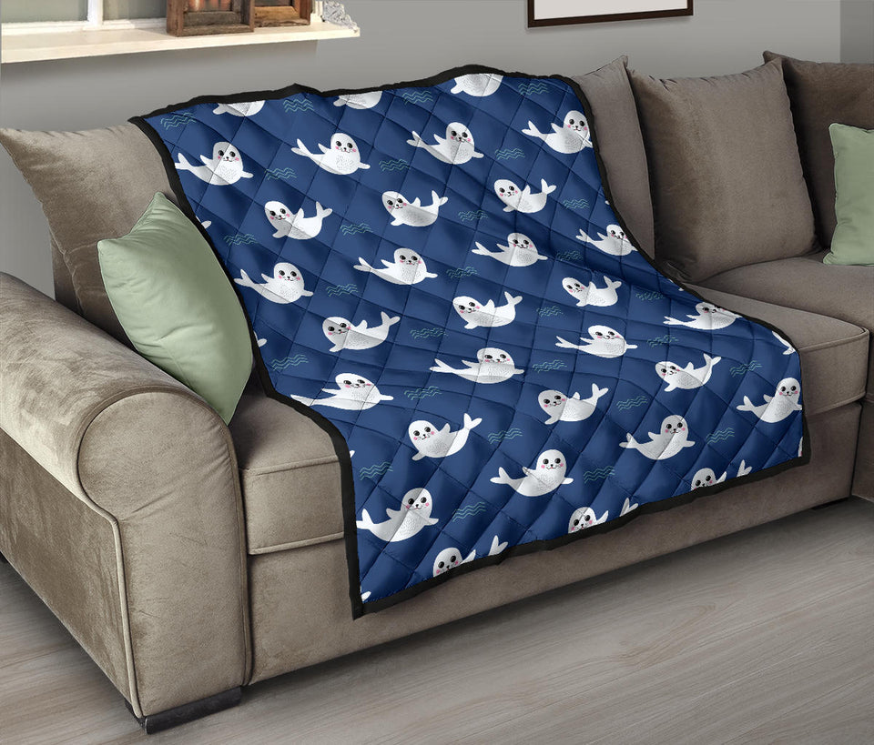 Cute White Baby Sea Lion Seal Pattern Premium Quilt