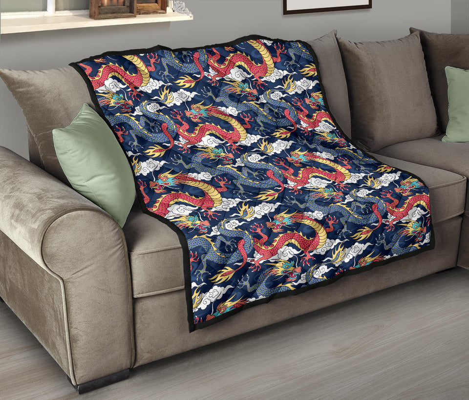 Blue Red Dragon Cloud Pattern Premium Quilt