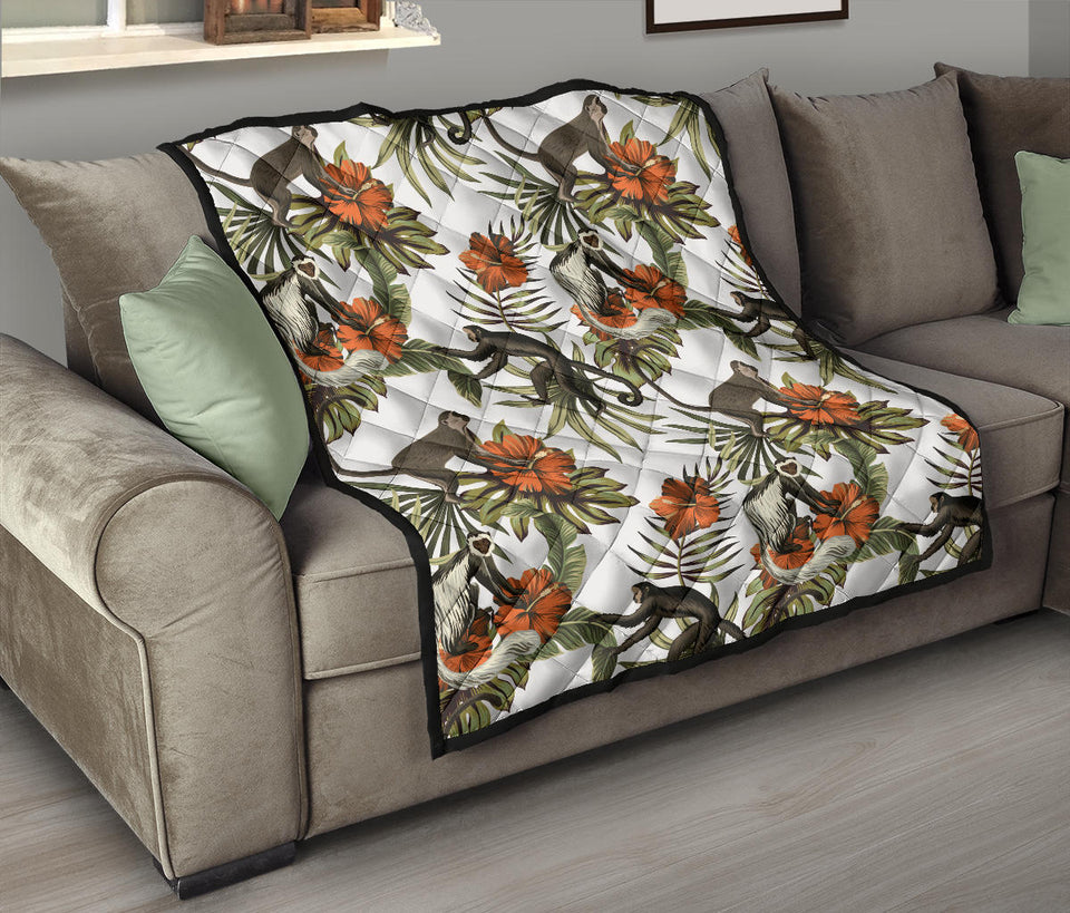 Monkey Red Hibiscus Flower Palm Leaves Floral Pattern Premium Quilt