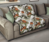 Monkey Red Hibiscus Flower Palm Leaves Floral Pattern Premium Quilt