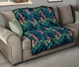 Heliconia Flowers, Palm And Monstera Leaves On Black Background Pattern Premium Quilt