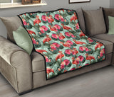 Beautiful Flamingo Tropical Palm Leaves Hibiscus Pateern Background Premium Quilt
