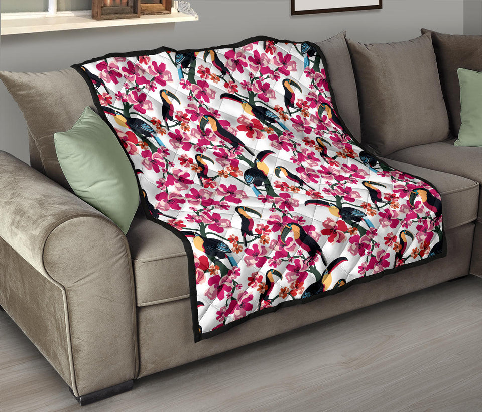 Toucan Flower Design Pattern Premium Quilt