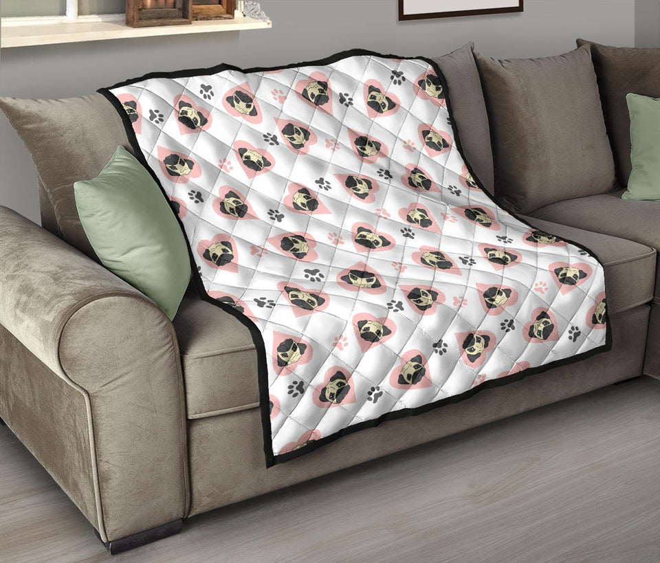 Cute Pugs Pink Heart Paw Pattern Premium Quilt