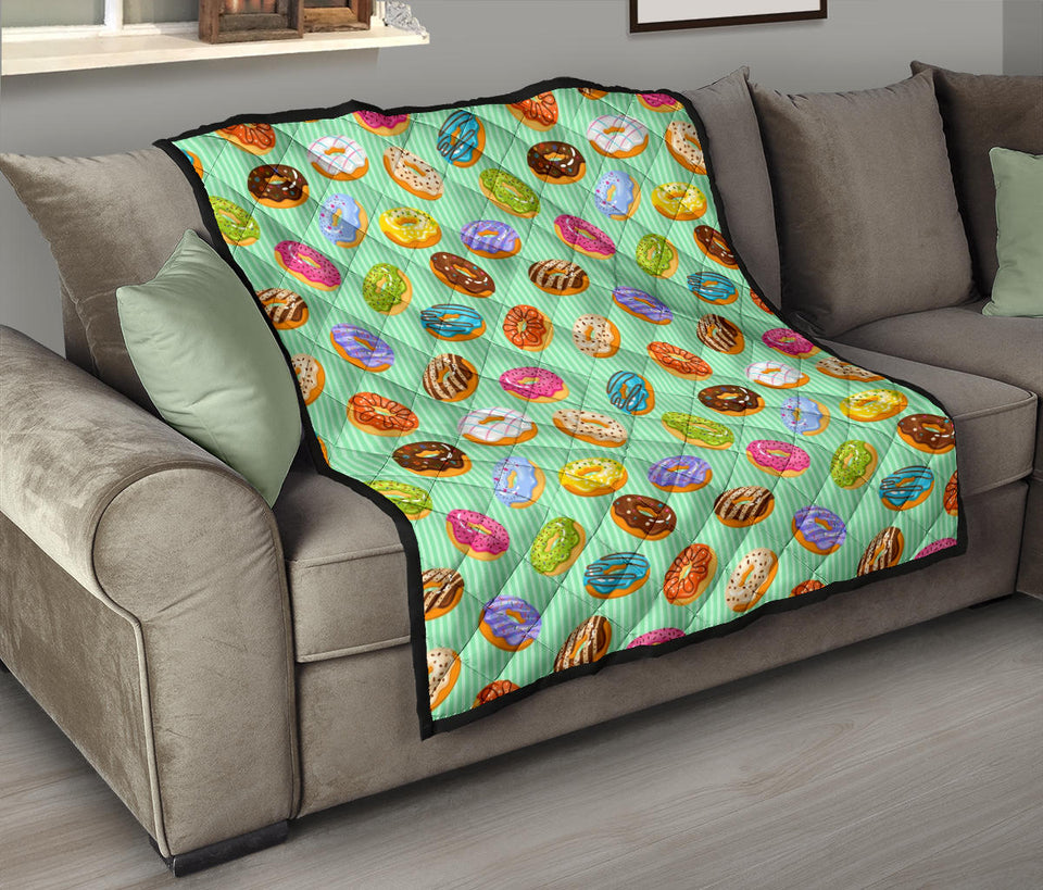 Colorful Donut Pattern Green Background Premium Quilt