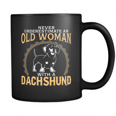 Black Mug-Never Underestimate an Old Woman With a Dachshund ccnc003 dg0050